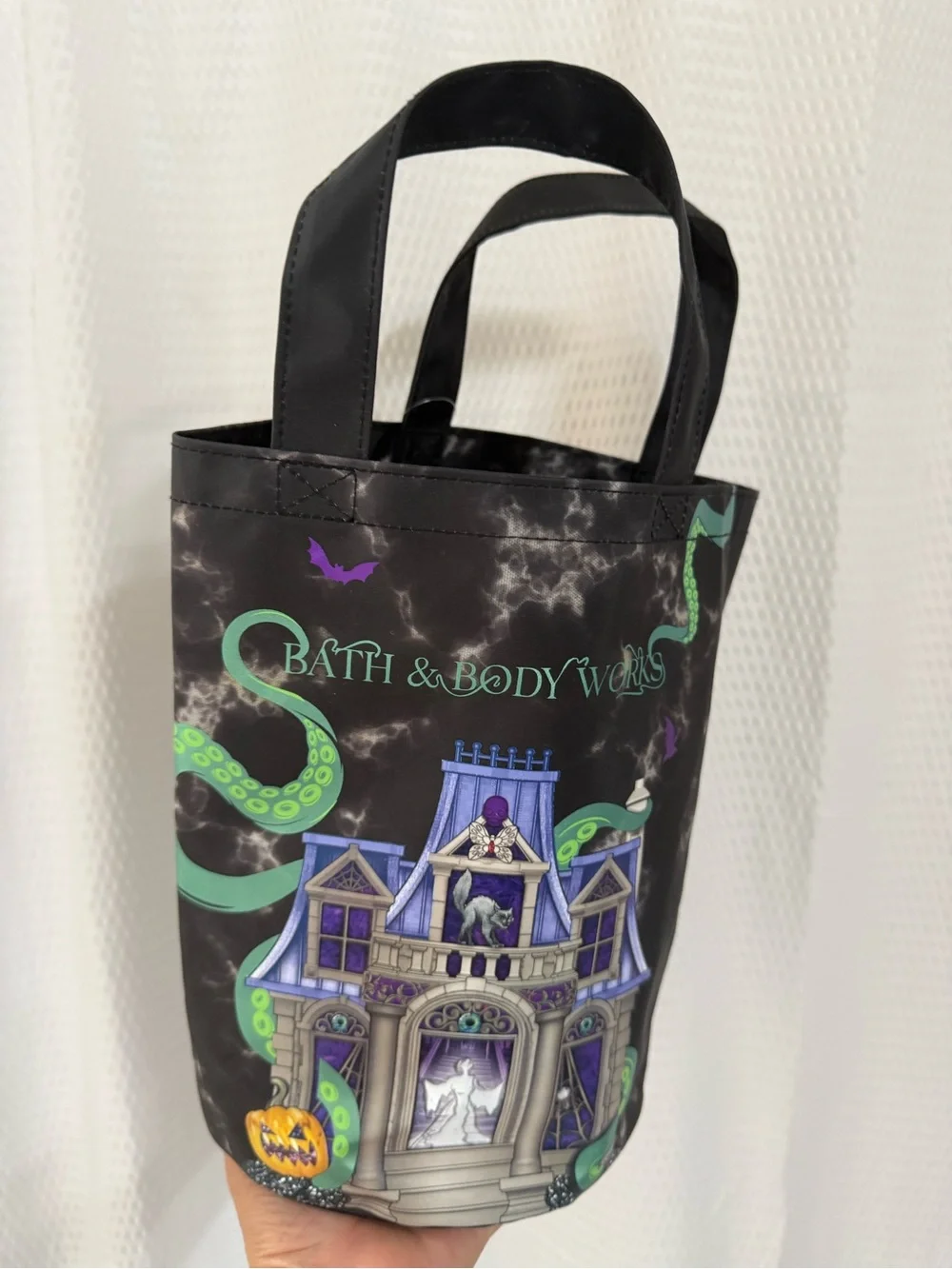 Bath & Body Works Black Tote with Purple Haunted House & Green Tentacles